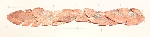 Judy Larson's Copper Feather Earrings Remodel Into Cuff - , Metalwork, Cutting, Cutting Tool, Cutters, Oxidizing Wire, Oxidizing, Antiquing Wire, Antiquing, Stamping, Stamps, Texturing, Butane Torch, Soldering, Solder, Design, sanding, filing, polishing, Mark the center as well as other increments